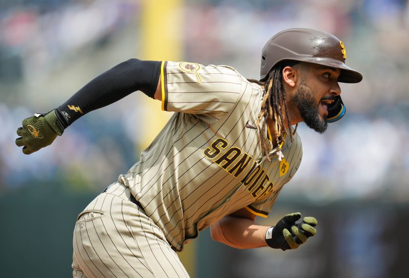 Jun 1, 2024; Kansas City, Missouri, USA; San Diego Padres right fielder Fernando Tatis Jr. (23) rounds the bases after hitting a home run against the Kansas City Royals during the first inning at Kauffman Stadium. Mandatory Credit: Jay Biggerstaff-USA TODAY Sports