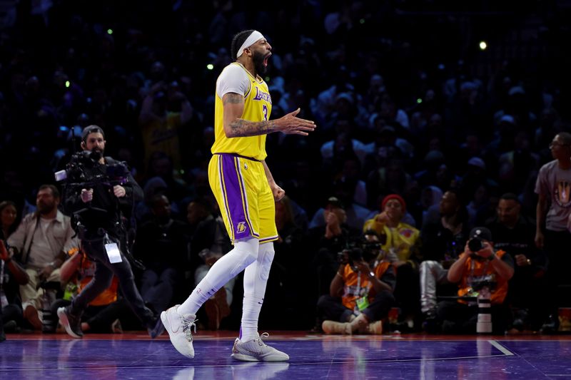 LAS VEGAS, NEVADA - DECEMBER 09: Anthony Davis #3 of the Los Angeles Lakers celebrates a basket against the Indiana Pacers during the fourth quarter in the championship game of the inaugural NBA In-Season Tournament at T-Mobile Arena on December 09, 2023 in Las Vegas, Nevada. NOTE TO USER: User expressly acknowledges and agrees that, by downloading and or using this photograph, User is consenting to the terms and conditions of the Getty Images License Agreement. (Photo by Ethan Miller/Getty Images)