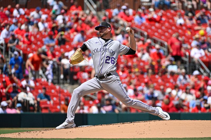 Aug 6, 2023; St. Louis, Missouri, USA;  Colorado Rockies starting pitcher Austin Gomber (26) pitches against the St. Louis Cardinals at Busch Stadium. Mandatory Credit: Jeff Curry-USA TODAY Sports