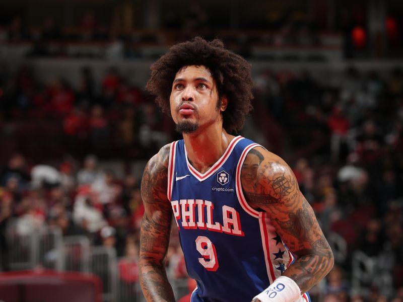 CHICAGO, IL - DECEMBER 8: Kelly Oubre Jr. #9 of the Philadelphia 76ers shoots a free throw during the game against the Chicago Bulls on December 8, 2024 at United Center in Chicago, Illinois. NOTE TO USER: User expressly acknowledges and agrees that, by downloading and or using this photograph, User is consenting to the terms and conditions of the Getty Images License Agreement. Mandatory Copyright Notice: Copyright 2024 NBAE (Photo by Gary Dineen/NBAE via Getty Images)