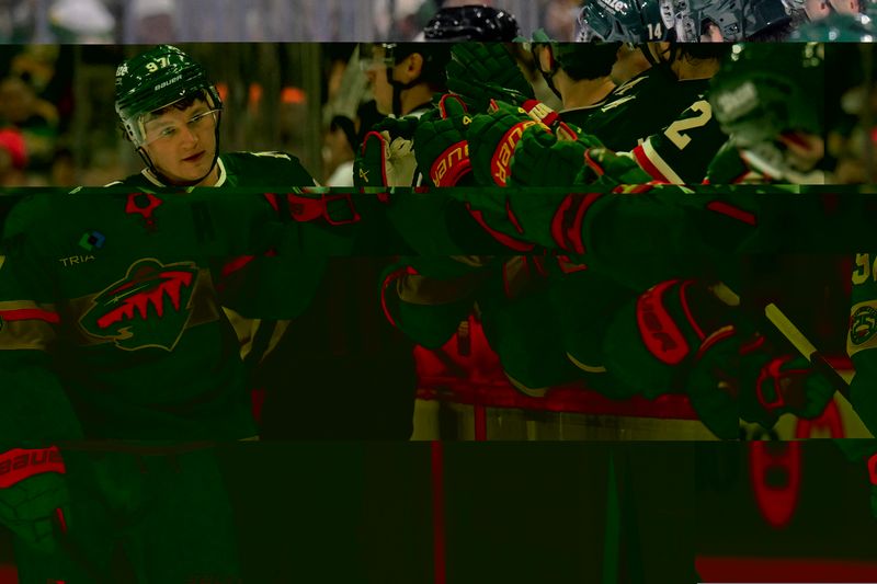 Jan 22, 2026; Saint Paul, Minnesota, USA;  Minnesota Wild forward Kirill Kaprizov (97) celebrates his power play goal against the Detroit Red Wings during the first period at Grand Casino Arena. Mandatory Credit: Nick Wosika-Imagn Images
