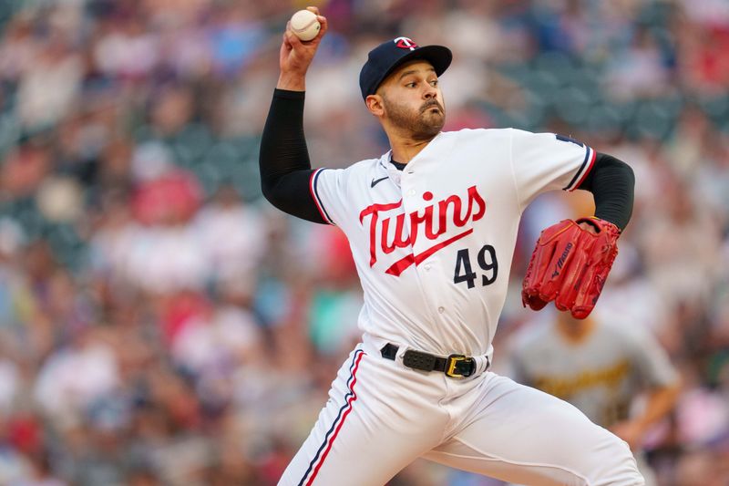 Aug 18, 2023; Minneapolis, Minnesota, USA; Minnesota Twins starting pitcher Pablo Lopez (49) pitches in the first inning against the Pittsburgh Pirates at Target Field. Mandatory Credit: Matt Blewett-USA TODAY Sports
