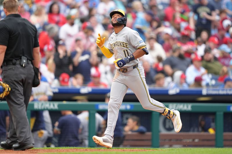 May 31, 2025; Philadelphia, Pennsylvania, USA; Milwaukee Brewers outfielder Jackson Chourio (11) rounds the bases after hitting a three-run home run against the Philadelphia Phillies in the sixth inning at Citizens Bank Park. Mandatory Credit: Kyle Ross-Imagn Images