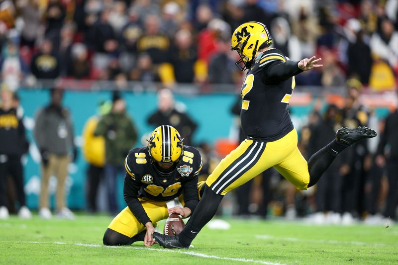 Dec 23, 2022; Tampa, Florida, USA; Missouri Tigers place kicker Harrison Mevis (92) kicks a field goal against the Wake Forest Demon Deacons in the second quarter in the 2022 Gasparilla Bowl at Raymond James Stadium. Mandatory Credit: Nathan Ray Seebeck-USA TODAY Sports