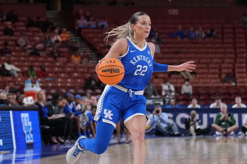 Mar 3, 2023; Greenville, SC, USA; Kentucky Wildcats guard Maddie Scherr (22) brings the ball up court in the first quarter against the Tennessee Lady Vols at Bon Secours Wellness Arena. Mandatory Credit: David Yeazell-USA TODAY Sports