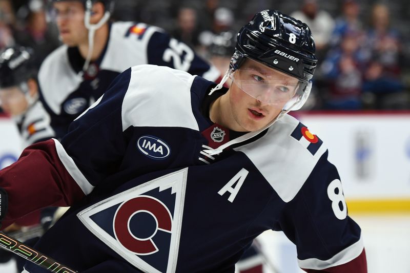 Nov 11, 2024; Denver, Colorado, USA; Colorado Avalanche defenseman Cale Makar (8) skates during warmups before the game against the Nashville Predators at Ball Arena. Mandatory Credit: Christopher Hanewinckel-Imagn Images