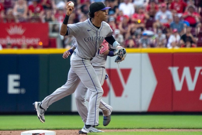 Jul 12, 2025; Cincinnati, Ohio, USA; Colorado Rockies shortstop Ryan Ritter (8) starts a double play in the eighth inning against the Cincinnati Reds at Great American Ball Park. Mandatory Credit: Albert Cesare/The Cincinnati Enquirer-Imagn Images