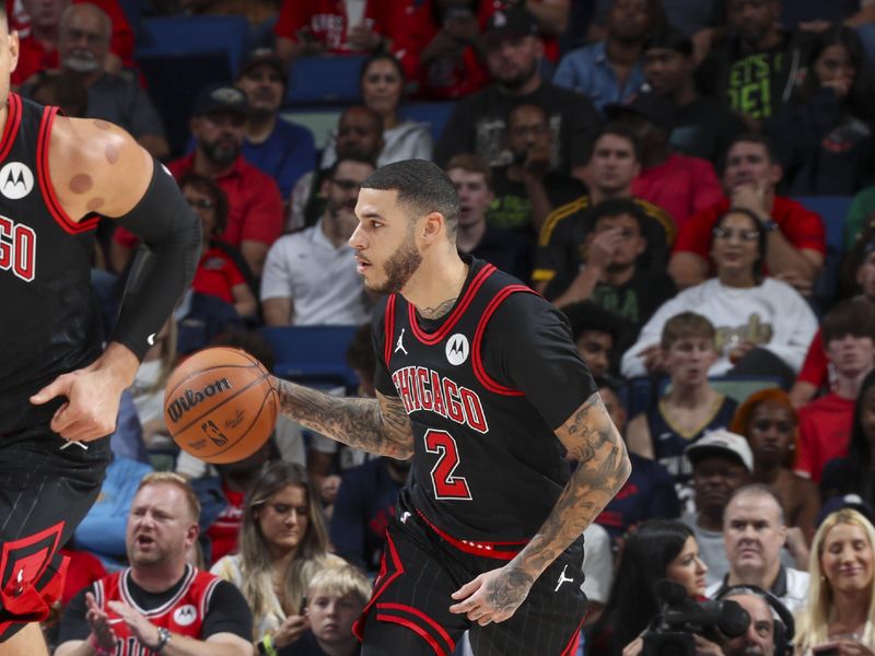 NEW ORLEANS, LA - OCTOBER 23: Lonzo Ball #2 of the Chicago Bulls dribbles the ball during the game on October 23, 2024 at the Smoothie King Center in New Orleans, Louisiana. NOTE TO USER: User expressly acknowledges and agrees that, by downloading and or using this Photograph, user is consenting to the terms and conditions of the Getty Images License Agreement. Mandatory Copyright Notice: Copyright 2024 NBAE (Photo by Layne Murdoch Jr./NBAE via Getty Images)