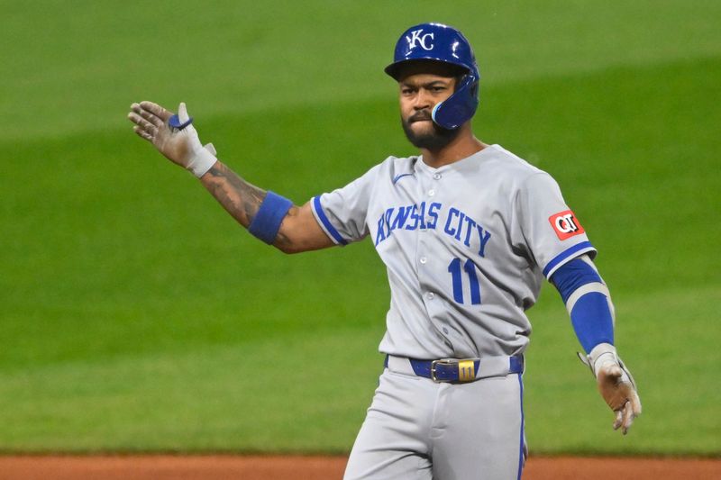 Sep 10, 2025; Cleveland, Ohio, USA; Kansas City Royals third baseman Maikel Garcia (11) celebrates his RBI double in the seventh inning against the Cleveland Guardians at Progressive Field. Mandatory Credit: David Richard-Imagn Images