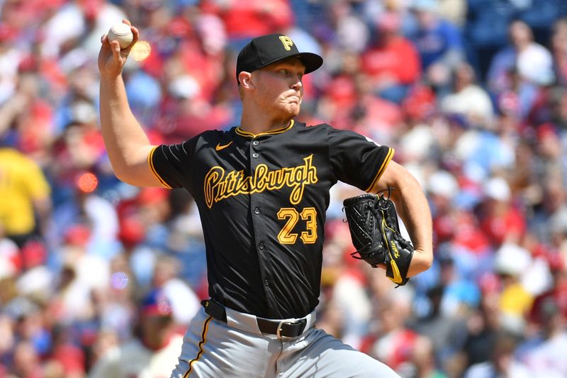 Apr 14, 2024; Philadelphia, Pennsylvania, USA; Pittsburgh Pirates pitcher Mitch Keller (23) throws a pitch during the second inning against the Philadelphia Phillies at Citizens Bank Park. Mandatory Credit: Eric Hartline-USA TODAY Sports