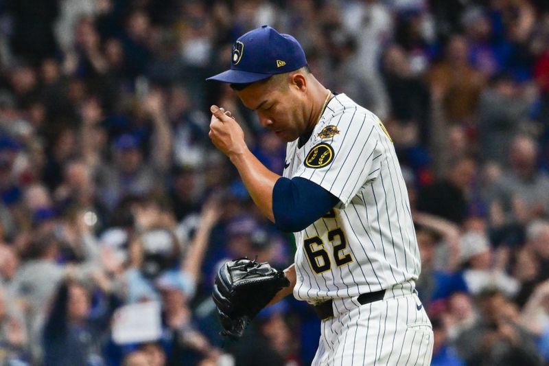 May 3, 2025; Milwaukee, Wisconsin, USA; Milwaukee Brewers starting pitcher Jose Quintana (62) reacts after giving up back-to-back home runs in the fourth inning against the Chicago Cubs at American Family Field. Mandatory Credit: Benny Sieu-Imagn Images