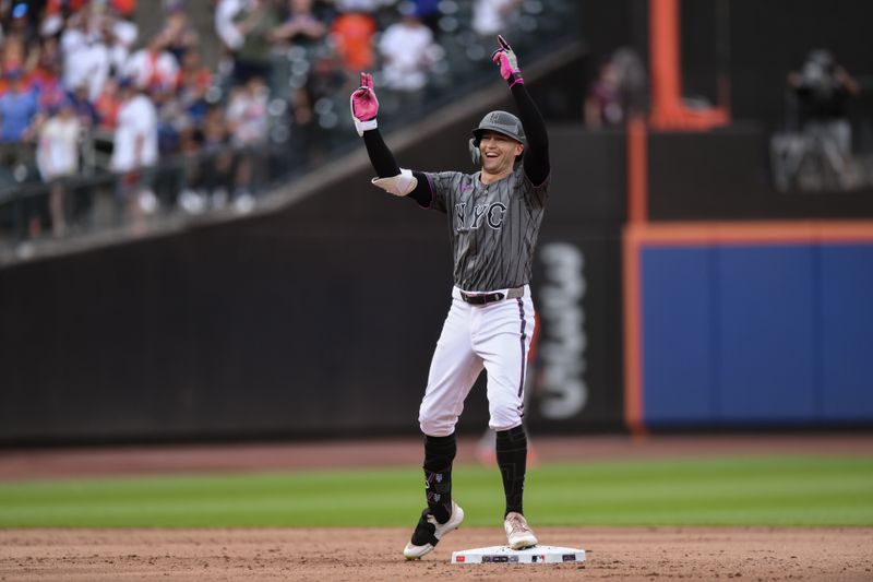 Jun 29, 2024; New York City, New York, USA; New York Mets outfielder Brandon Nimmo (9) reacts after hitting a RBI double against the Houston Astros during the second inning at Citi Field. Mandatory Credit: John Jones-USA TODAY Sports