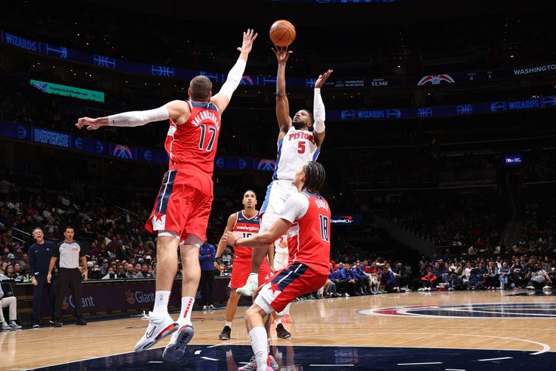 WASHINGTON, DC -? NOVEMBER 17: Malik Beasley #5 of the Detroit Pistons shoots the ball during the game against the Washington Wizards on November 17, 2024 at Capital One Arena in Washington, DC. NOTE TO USER: User expressly acknowledges and agrees that, by downloading and or using this Photograph, user is consenting to the terms and conditions of the Getty Images License Agreement. Mandatory Copyright Notice: Copyright 2024 NBAE (Photo by Stephen Gosling/NBAE via Getty Images)