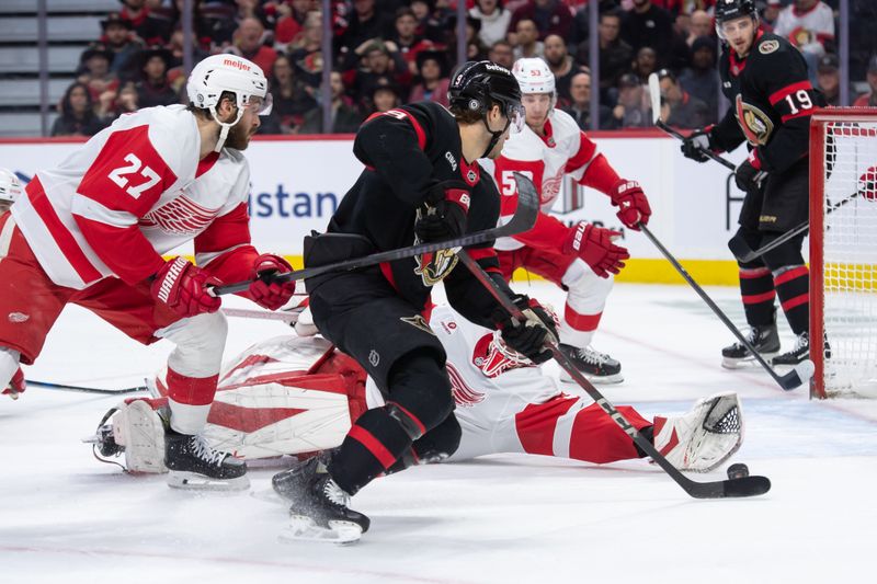 Dec 5, 2024; Ottawa, Ontario, CAN;  Ottawa Senators center Josh Norris (9) maneuvers the puck around Detroit Red Wings goalie Ville Husso (35) in the first period at the Canadian Tire Centre. Mandatory Credit: Marc DesRosiers-Imagn Images