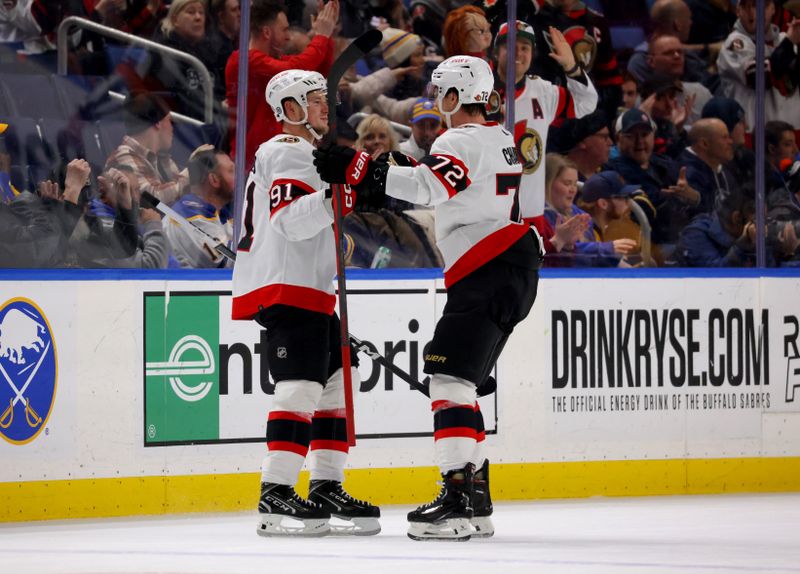 Jan 11, 2024; Buffalo, New York, USA;  Ottawa Senators right wing Vladimir Tarasenko (91) celebrates his goal with defenseman Thomas Chabot (72) during the first period against the Buffalo Sabres at KeyBank Center. Mandatory Credit: Timothy T. Ludwig-USA TODAY Sports