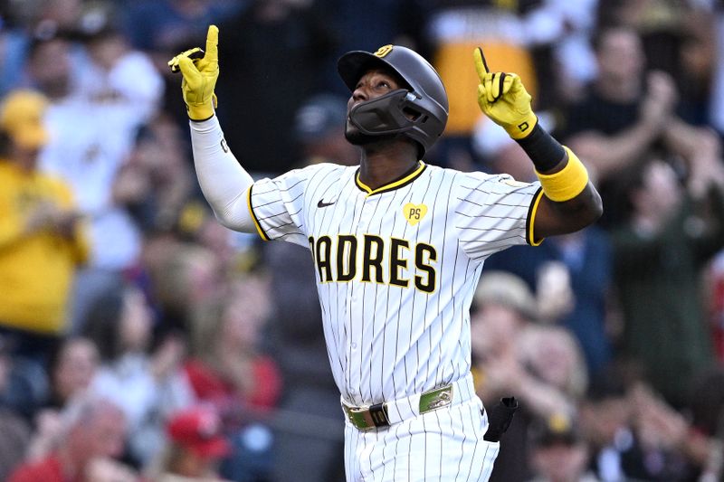 Apr 29, 2024; San Diego, California, USA; San Diego Padres left fielder Jurickson Profar (10) celebrates while rounding the bases after hitting a home run against the Cincinnati Reds during the first inning at Petco Park. Mandatory Credit: Orlando Ramirez-USA TODAY Sports