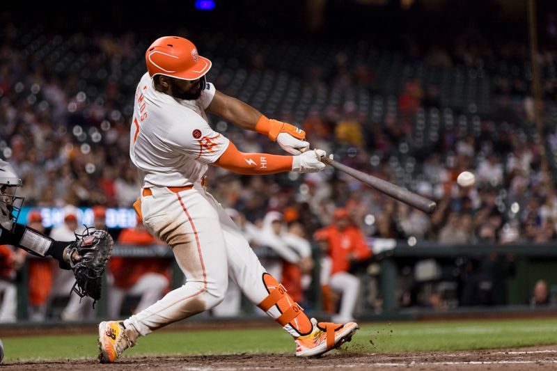 Sep 3, 2024; San Francisco, California, USA;  San Francisco Giants left fielder Heliot Ramos (17) hits an RBI single against the Arizona Diamondbacks during the ninth inning at Oracle Park. Mandatory Credit: John Hefti-Imagn Images