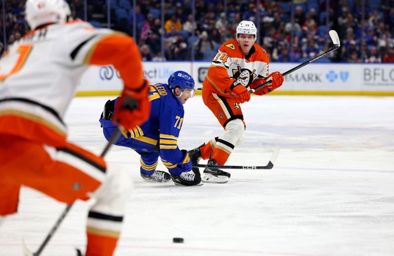 Feb 25, 2025; Buffalo, New York, USA;  Buffalo Sabres center Ryan McLeod (71) tries to block a pass by Anaheim Ducks defenseman Pavel Mintyukov (34) during the first period at KeyBank Center. Mandatory Credit: Timothy T. Ludwig-Imagn Images