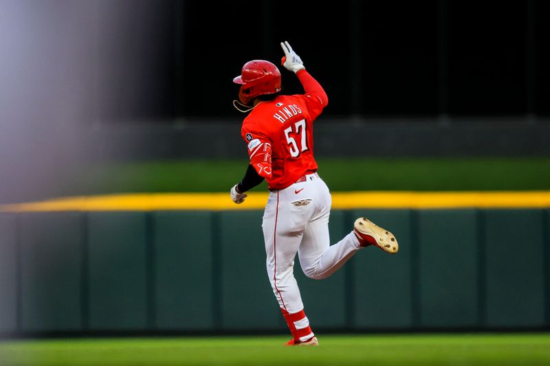 May 17, 2025; Cincinnati, Ohio, USA; Cincinnati Reds outfielder Rece Hinds (57) reacts after hitting a solo home run in the seventh inning against the Cleveland Guardians at Great American Ball Park. Mandatory Credit: Katie Stratman-Imagn Images