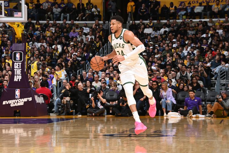 LOS ANGELES, CA - MARCH 8: Giannis Antetokounmpo #34 of the Milwaukee Bucks dribbles the ball during the game against the Los Angeles Lakers on March 8, 2024 at Crypto.Com Arena in Los Angeles, California. NOTE TO USER: User expressly acknowledges and agrees that, by downloading and/or using this Photograph, user is consenting to the terms and conditions of the Getty Images License Agreement. Mandatory Copyright Notice: Copyright 2024 NBAE (Photo by Andrew D. Bernstein/NBAE via Getty Images)