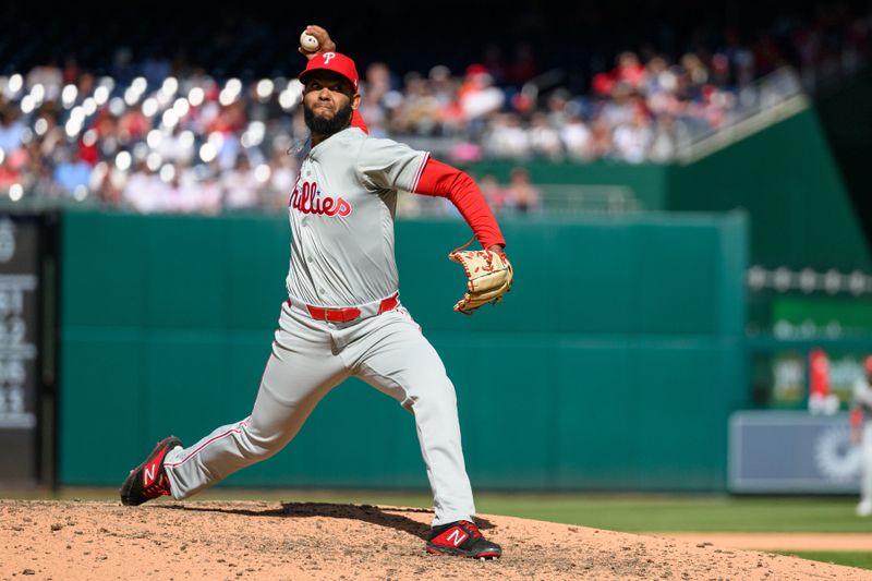 Apr 7, 2024; Washington, District of Columbia, USA; Philadelphia Phillies pitcher Seranthony Domínguez (58) throws a pitch during the eighth inning against the Washington Nationals at Nationals Park. Mandatory Credit: Reggie Hildred-USA TODAY Sports