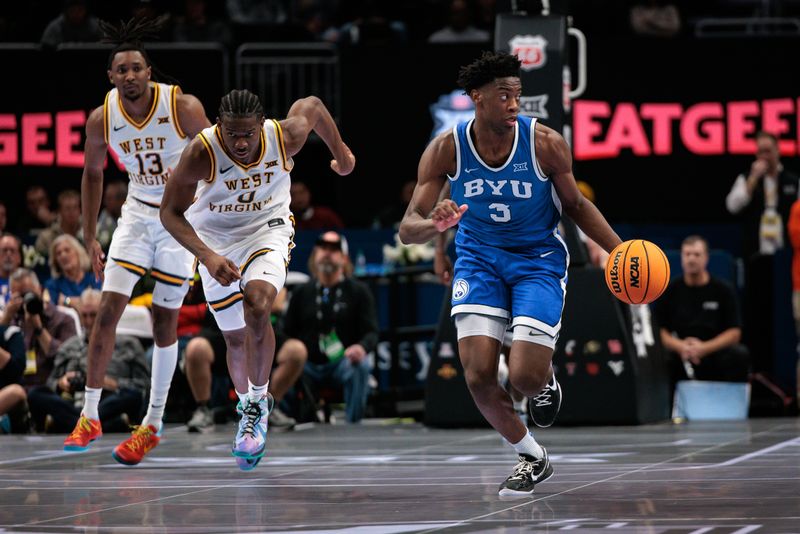 Mar 11, 2026; Kansas City, MO, USA; BYU Cougars forward AJ Dybantsa (3) brings the ball up court ahead of West Virginia Mountaineers forward Brenen Lorient (0) during the second half at T-Mobile Center. Mandatory Credit: William Purnell-Imagn Images Mar 11, 2026; Kansas City, MO, USA; BYU Cougars forward AJ Dybantsa (3) brings the ball up court ahead of West Virginia Mountaineers forward Brenen Lorient (0) during the second half at T-Mobile Center. Mandatory Credit: William Purnell-Imagn Images