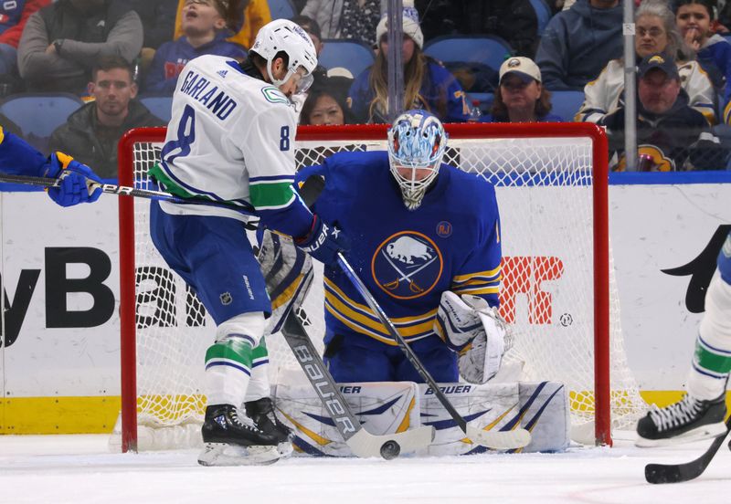 Jan 13, 2024; Buffalo, New York, USA;  Buffalo Sabres goaltender Ukko-Pekka Luukkonen (1) makes a save on Vancouver Canucks right wing Conor Garland (8) during the second period at KeyBank Center. Mandatory Credit: Timothy T. Ludwig-USA TODAY Sports