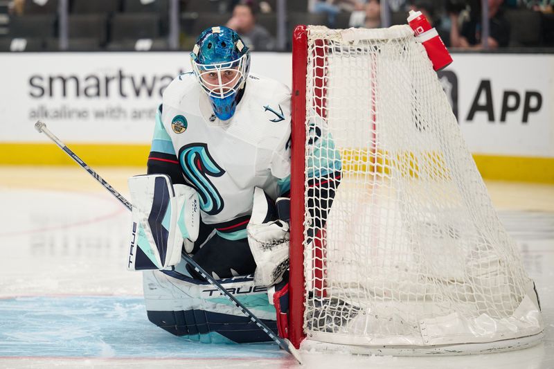 Jan 30, 2024; San Jose, California, USA; Seattle Kraken goaltender Joey Daccord (35) defends the goal against the San Jose Sharks during the second period at SAP Center at San Jose. Mandatory Credit: Robert Edwards-USA TODAY Sports