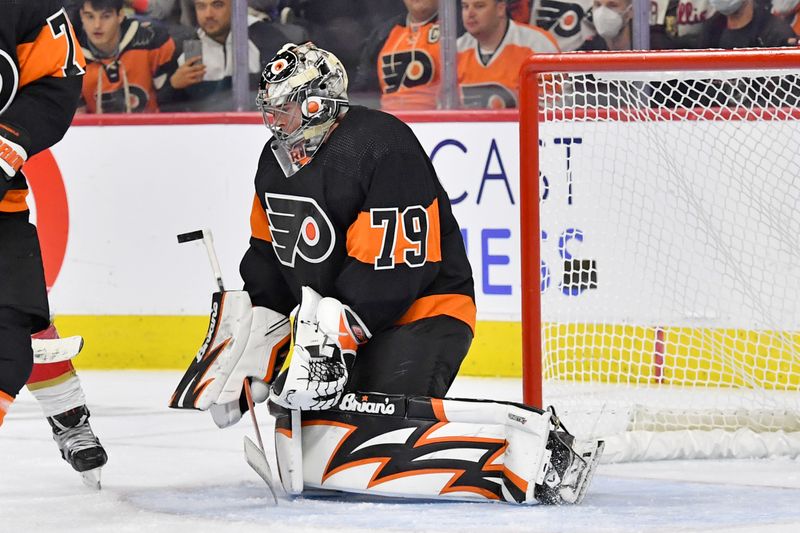 Oct 27, 2022; Philadelphia, Pennsylvania, USA; Philadelphia Flyers goaltender Carter Hart (79) makes a save against the Florida Panthers during the third period at Wells Fargo Center. Mandatory Credit: Eric Hartline-USA TODAY Sports