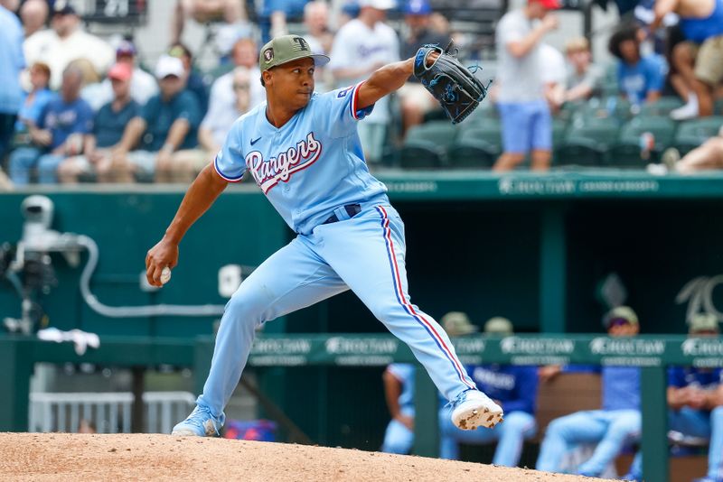 May 21, 2023; Arlington, Texas, USA; Texas Rangers relief pitcher Jose Leclerc (25) throws during the eighth inning against the Colorado Rockies at Globe Life Field. Mandatory Credit: Andrew Dieb-USA TODAY Sports