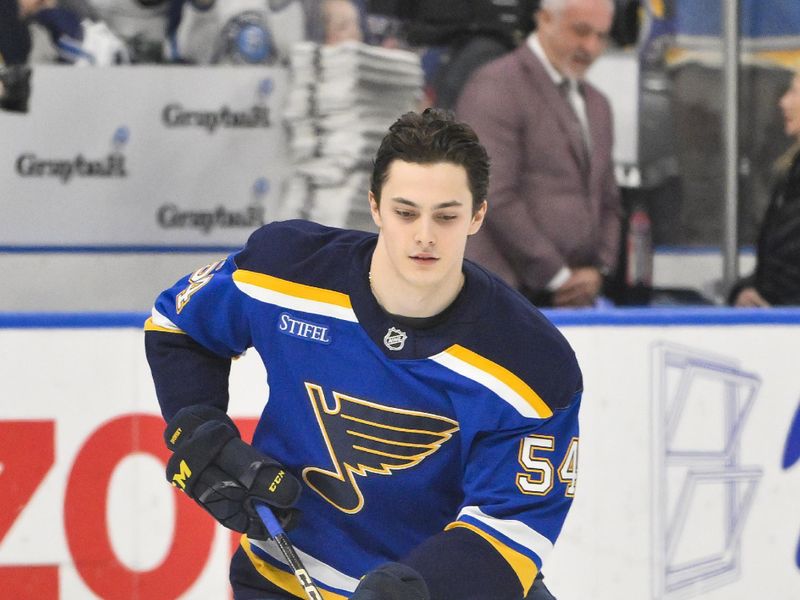 Mar 23, 2025; St. Louis, Missouri, USA;  St. Louis Blues center Dalibor Dvorsky (54) skates during his rookie lap before his first NHL game against the Nashville Predators at Enterprise Center. Mandatory Credit: Jeff Curry-Imagn Images