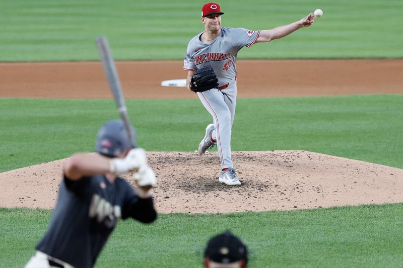 Jul 20, 2024; Washington, District of Columbia, USA; Cincinnati Reds starting pitcher Nick Lodolo (40) pitches against Washington Nationals outfielder Lane Thomas (28) during the fourth inning at Nationals Park. Mandatory Credit: Geoff Burke-USA TODAY Sports