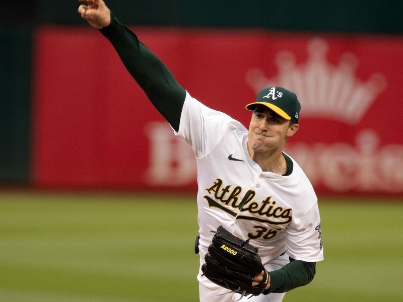 May 24, 2024; Oakland, California, USA; Oakland Athletics starting pitcher Ross Stripling (36) delivers a pitch against the Houston Astros during the first inning at Oakland-Alameda County Coliseum. Mandatory Credit: D. Ross Cameron-USA TODAY Sports