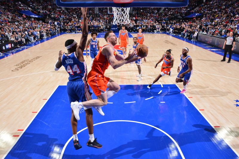 PHILADELPHIA, PA - APRIL 2: Gordon Hayward #33 of the Oklahoma City Thunder drives to the basket during the game against the Philadelphia 76ers on April 2, 2024 at the Wells Fargo Center in Philadelphia, Pennsylvania NOTE TO USER: User expressly acknowledges and agrees that, by downloading and/or using this Photograph, user is consenting to the terms and conditions of the Getty Images License Agreement. Mandatory Copyright Notice: Copyright 2024 NBAE (Photo by Jesse D. Garrabrant/NBAE via Getty Images)