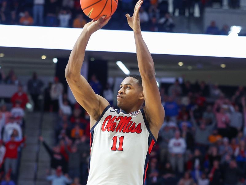 Mar 5, 2025; Oxford, Mississippi, USA; Mississippi Rebels guard Matthew Murrell (11) shoots the ball against the Tennessee Volunteers during the second half at The Sandy and John Black Pavilion at Ole Miss. Mandatory Credit: Wesley Hale-Imagn Images