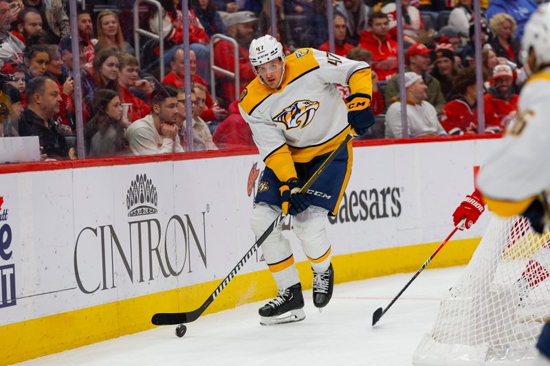 Dec 29, 2023; Detroit, Michigan, USA; Nashville Predators right wing Michael McCarron (47) handles the puck during the first of the game between the Nashville Predators and the Detroit Red Wings at Little Caesars Arena. Mandatory Credit: Brian Bradshaw Sevald-USA TODAY Sports