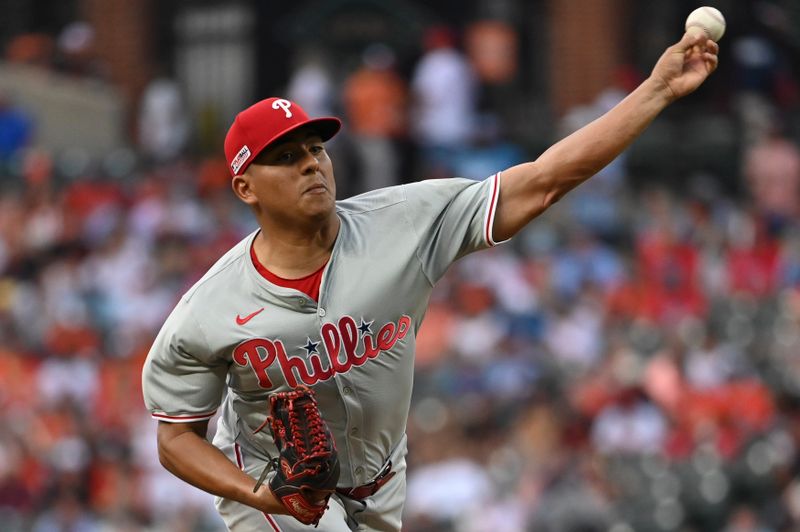 Jun 14, 2024; Baltimore, Maryland, USA; Philadelphia Phillies pitcher Ranger Suárez (55) throws a first inning pitch against the Baltimore Orioles  at Oriole Park at Camden Yards. Mandatory Credit: Tommy Gilligan-USA TODAY Sports