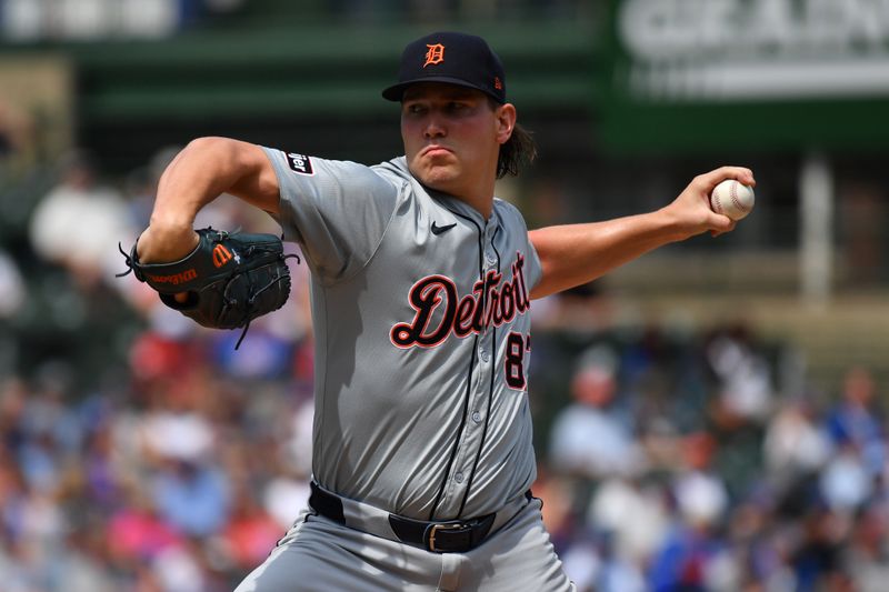Aug 22, 2024; Chicago, Illinois, USA; Detroit Tigers starting pitcher Tyler Holton (87) pitches during the first inning against the Chicago Cubs at Wrigley Field. Mandatory Credit: Patrick Gorski-USA TODAY Sports