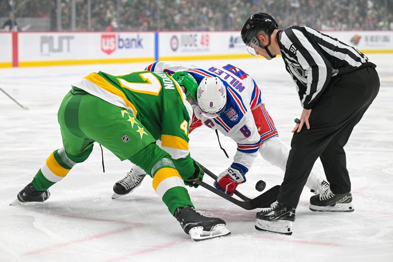 Mar 14, 2026; Saint Paul, Minnesota, USA;  Minnesota Wild forward Michael McCarron (47) and New York Rangers forward J.T. Miller (8) face-off during the first period at Grand Casino Arena. Mandatory Credit: Nick Wosika-Imagn Images