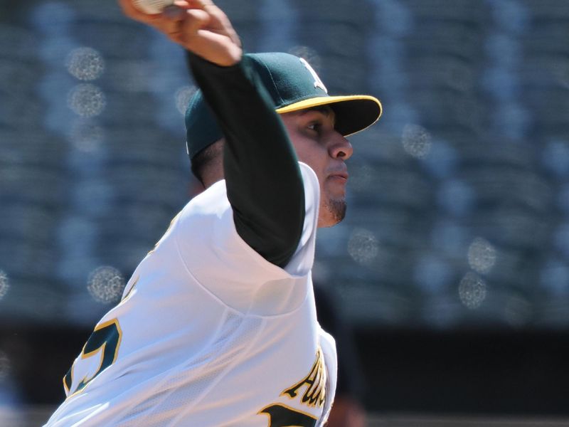 Aug 23, 2023; Oakland, California, USA; Oakland Athletics starting pitcher Adrian Martinez (55) pitches the ball against the Kansas City Royals during the first inning at Oakland-Alameda County Coliseum. Mandatory Credit: Kelley L Cox-USA TODAY Sports