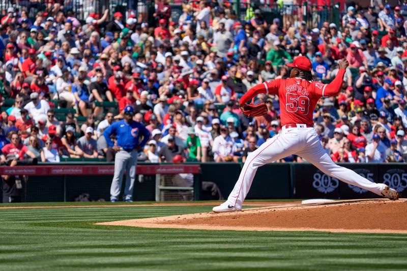 Mar 16, 2024; Tempe, Arizona, USA; Los Angeles Angels starting pitcher pitcher Jose Soriano (59) on the mound in the first during a spring training game against the Chicago Cubs at Tempe Diablo Stadium. Mandatory Credit: Allan Henry-USA TODAY Sports
