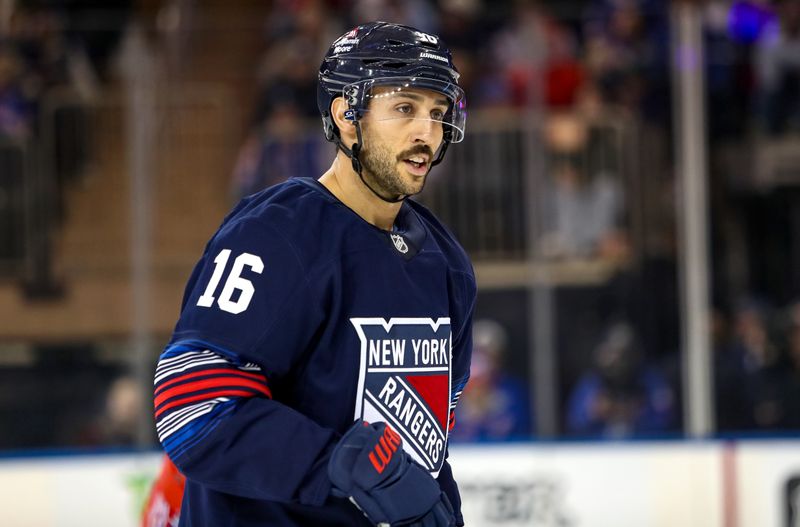 Nov 3, 2024; New York, New York, USA; New York Rangers center Vincent Trocheck (16) skates against the New York Islanders during the third period at Madison Square Garden. Mandatory Credit: Danny Wild-Imagn Images