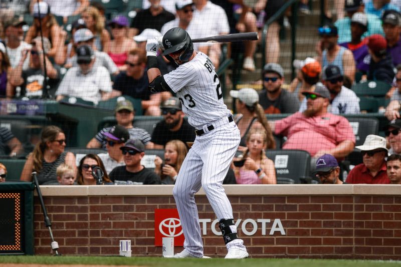 Jul 16, 2023; Denver, Colorado, USA; Colorado Rockies right fielder Kris Bryant (23) on deck in the fifth inning against the New York Yankees at Coors Field. Mandatory Credit: Isaiah J. Downing-USA TODAY Sports