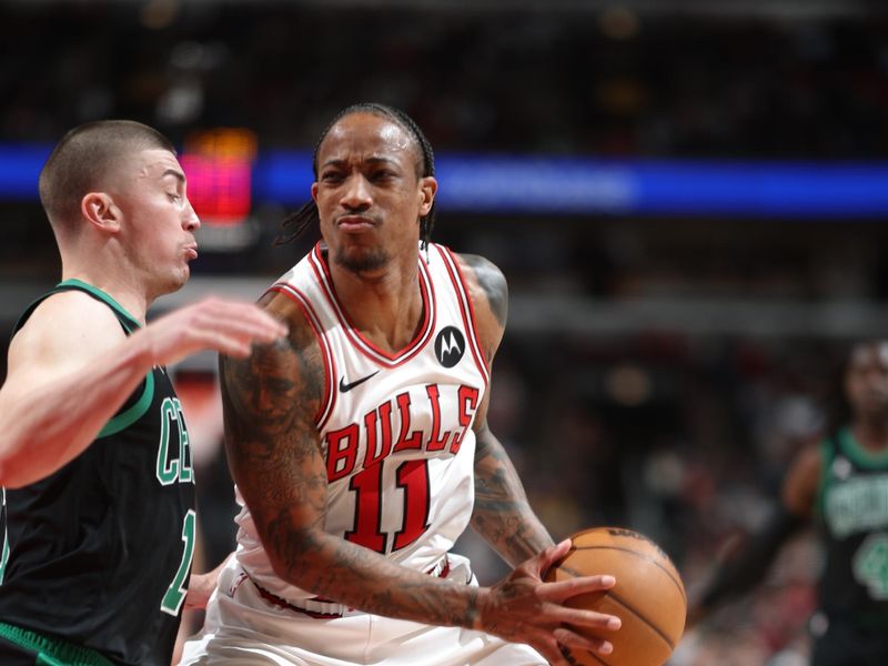 CHICAGO, IL - FEBRUARY 22: DeMar DeRozan #11 of the Chicago Bulls handles the ball during the game against the Boston Celtics on February 22, 2024 at United Center in Chicago, Illinois. NOTE TO USER: User expressly acknowledges and agrees that, by downloading and or using this photograph, User is consenting to the terms and conditions of the Getty Images License Agreement. Mandatory Copyright Notice: Copyright 2024 NBAE (Photo by Jeff Haynes/NBAE via Getty Images)