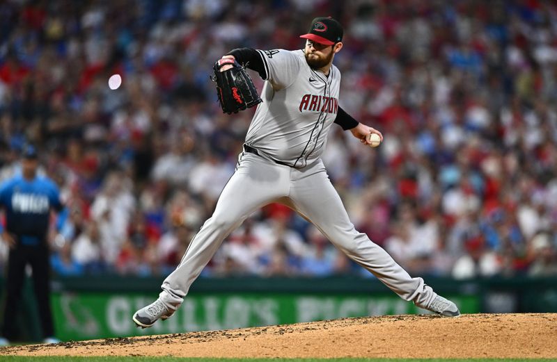 Jun 21, 2024; Philadelphia, Pennsylvania, USA; Arizona Diamondbacks starting pitcher Jordan Montgomery (52) throws a pitch against the Philadelphia Phillies in the fifth inning at Citizens Bank Park. Mandatory Credit: Kyle Ross-USA TODAY Sports