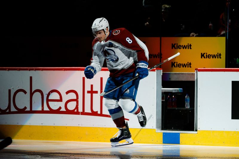 Feb 24, 2024; Denver, Colorado, USA; Colorado Avalanche defenseman Cale Makar (8) takes the ice before the game against the Toronto Maple Leafs at Ball Arena. Mandatory Credit: Isaiah J. Downing-USA TODAY Sports