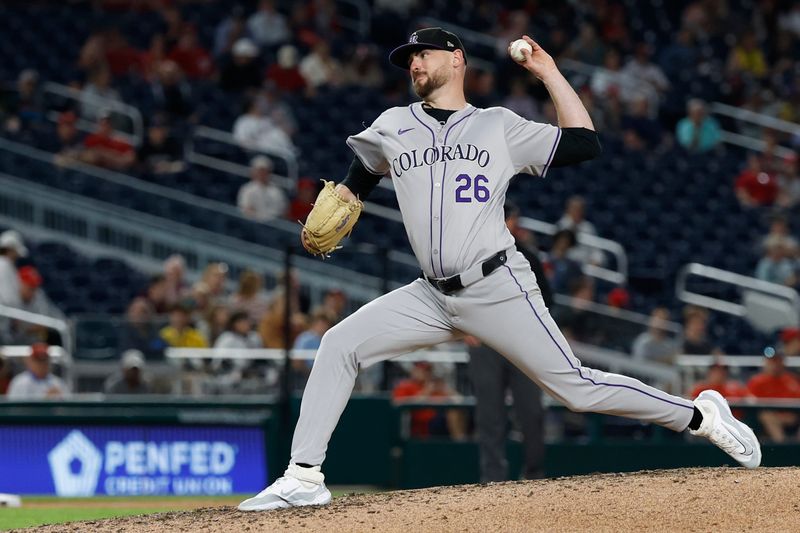 Aug 20, 2024; Washington, District of Columbia, USA; Colorado Rockies pitcher Austin Gomber (26) pitches against the Washington Nationals during the sixth inning at Nationals Park. Mandatory Credit: Geoff Burke-USA TODAY Sports