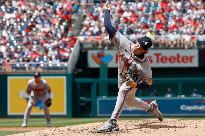 Jun 9, 2024; Washington, District of Columbia, USA; Atlanta Braves starting pitcher Hurston Waldrep (30) pitches during his MLB debut against the Washington Nationals during the second inning at Nationals Park. Mandatory Credit: Geoff Burke-USA TODAY Sports