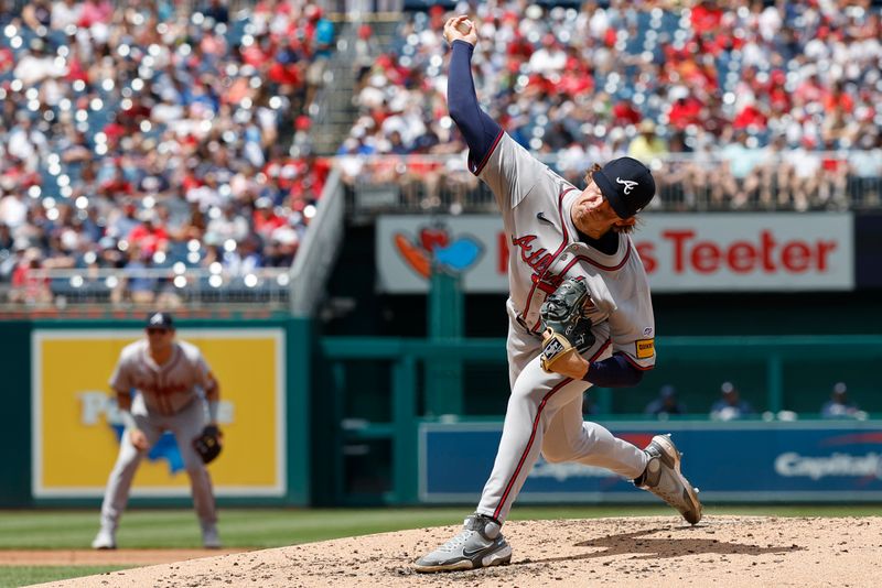 Jun 9, 2024; Washington, District of Columbia, USA; Atlanta Braves starting pitcher Hurston Waldrep (30) pitches during his MLB debut against the Washington Nationals during the second inning at Nationals Park. Mandatory Credit: Geoff Burke-USA TODAY Sports