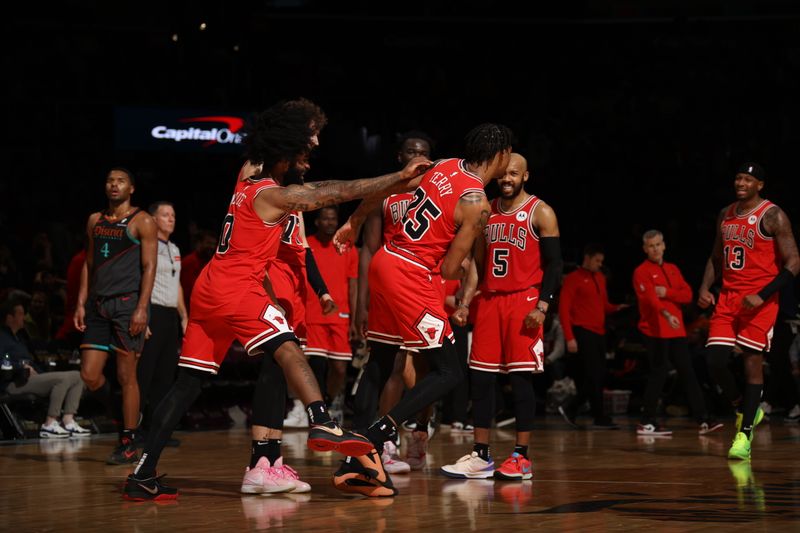 WASHINGTON, DC -? APRIL 12: The Chicago Bulls celebrate during the game against the Washington Wizards on April 12, 2024 at Capital One Arena in Washington, DC. NOTE TO USER: User expressly acknowledges and agrees that, by downloading and or using this Photograph, user is consenting to the terms and conditions of the Getty Images License Agreement. Mandatory Copyright Notice: Copyright 2024 NBAE (Photo by Stephen Gosling/NBAE via Getty Images)